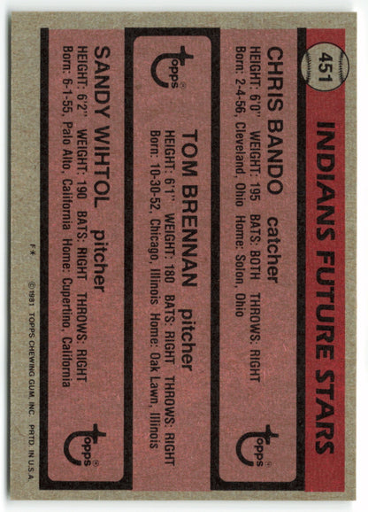 1981 Topps #451 Indians Future Stars (Chris Bando / Tom Brennan / Sandy Wihtol) FS RC