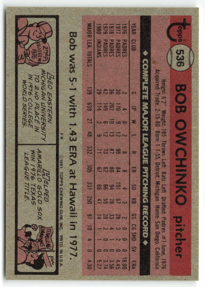 1981 Topps #536 Bob Owchinko