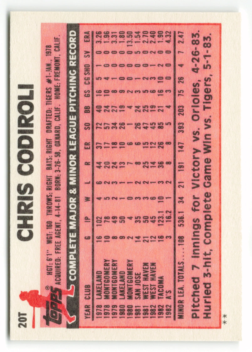 1983 Topps Traded Set #020T  Chris Codiroli XRC