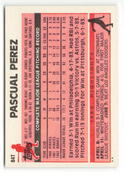 1983 Topps Traded Set #084T  Pascual Perez