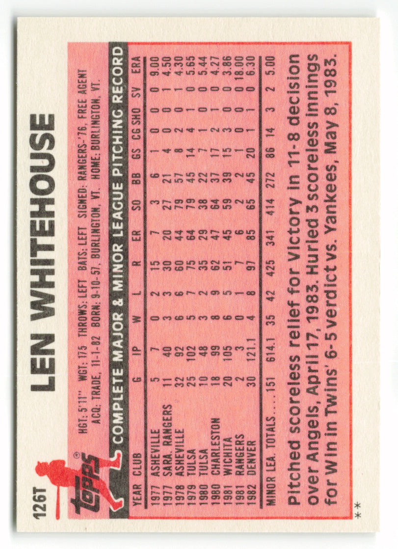 1983 Topps Traded Set #126T  Len Whitehouse XRC