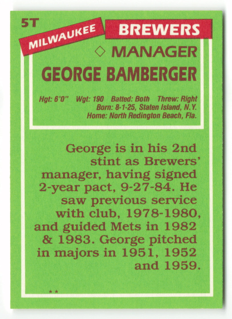 1985 Topps Traded #005T George Bamberger MGR