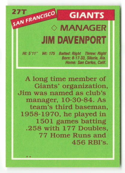 1985 Topps Traded #027T Jim Davenport MGR