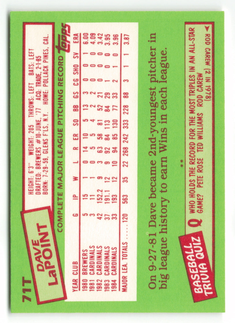 1985 Topps Traded #071T Dave LaPoint UER