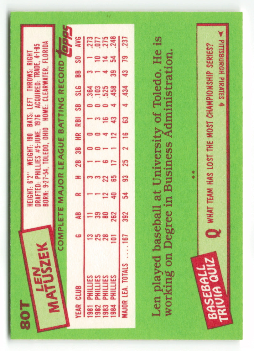 1985 Topps Traded #080T Len Matuszek