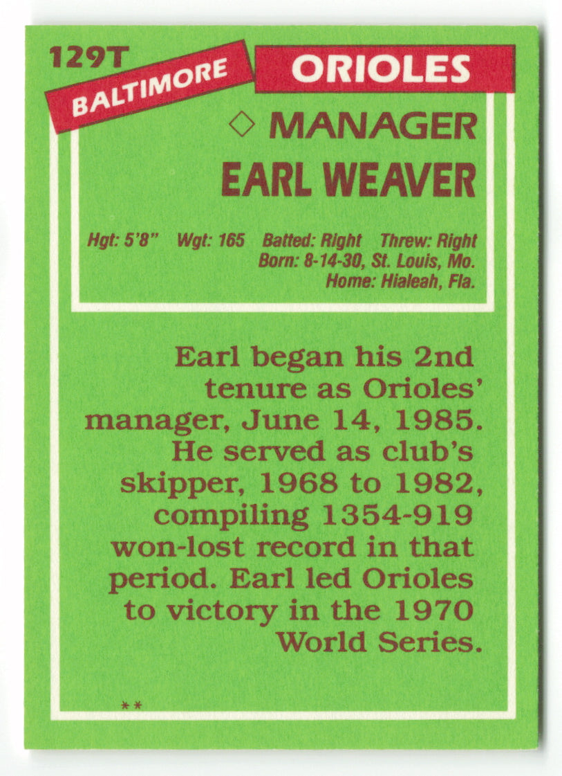 1985 Topps Traded #129T Earl Weaver MGR