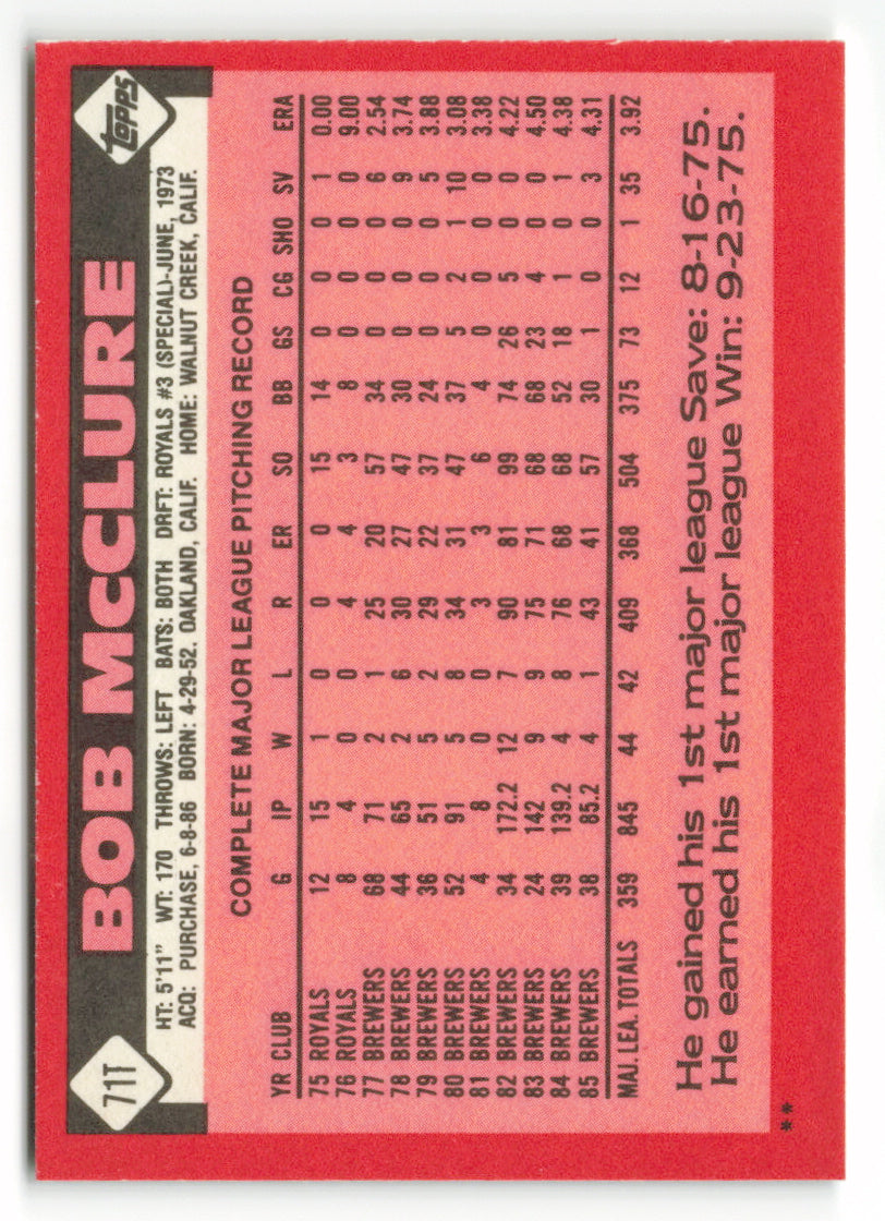 1986 Topps Traded #071T Bob McClure