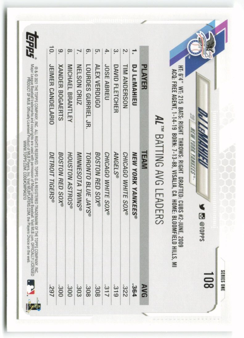 2021 Topps #108 DJ LeMahieu LL AL Batting Average Leaders