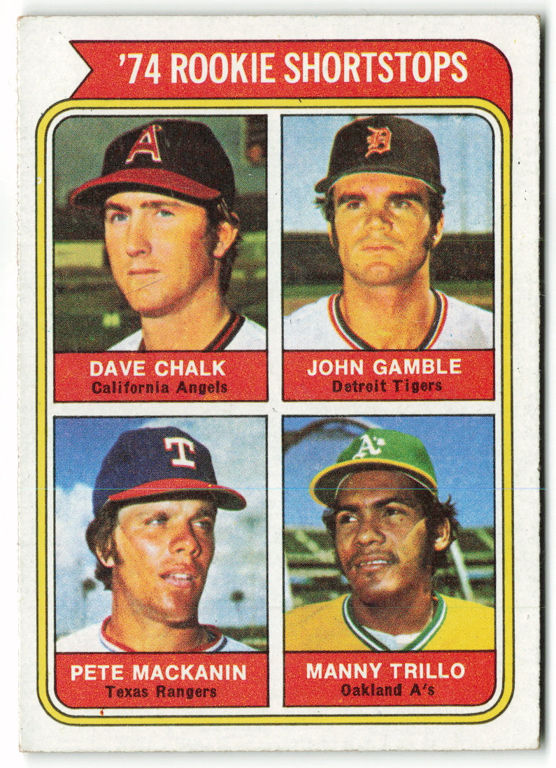 1974 Topps #597 1974 Rookie Shortstops (Chalk / Gamble / Mackanin / Trillo) RC