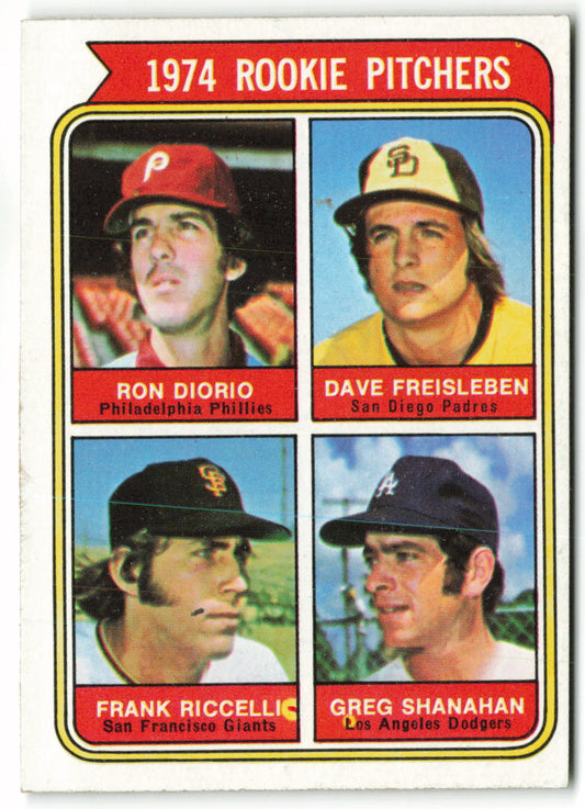 1974 Topps #599c 1974 Rookie Pitchers (Diorio / Freisleben / Riccelli / Shanahan) RC, VAR: "San Diego Padres" in small print, "S" aligns with "B" in Freisleben