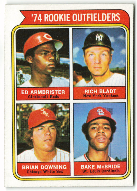 1974 Topps #601 1974 Rookie Outfielders (Armbrister / Bladt / Downing / McBride) RC