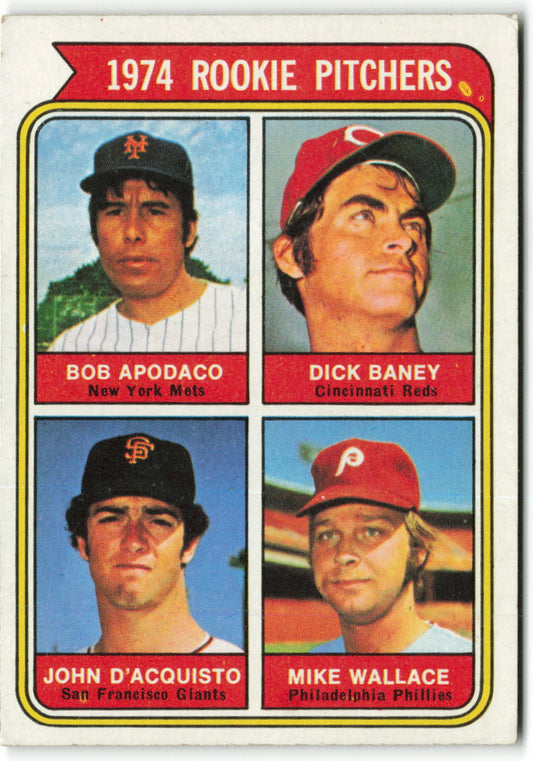 1974 Topps #608a 1974 Rookie Pitchers (Apodaca / Baney / D'Acquisto / Wallace) RC, ERR: Last name misspelled "Apodaco" on front