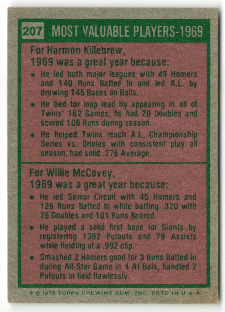 1975 Topps Mini #207 1969 MVP's: Harmon Killebrew / Willie McCovey