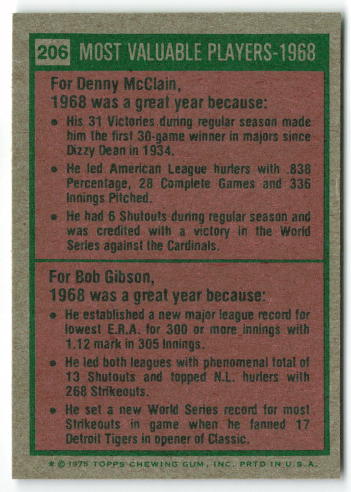 1975 Topps Mini #206 1968 MVP's: Denny McClain / Bob Gibson