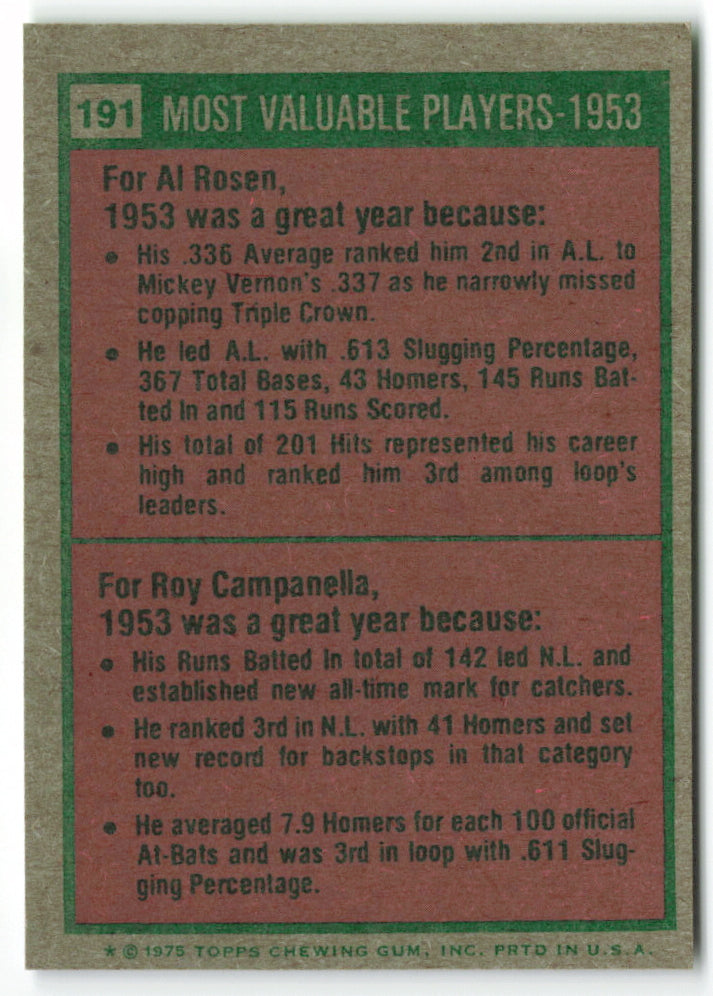 1975 Topps Mini #191 1953 MVP's: Yogi Berra / Roy Campanella